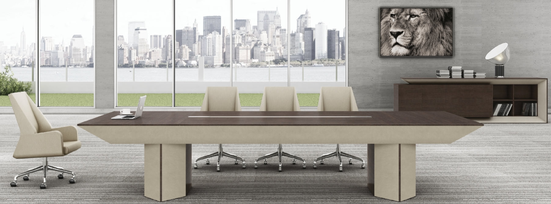 Large Boardroom Table in Chocolate Walnut and Ivory Leather - MET-T06T38